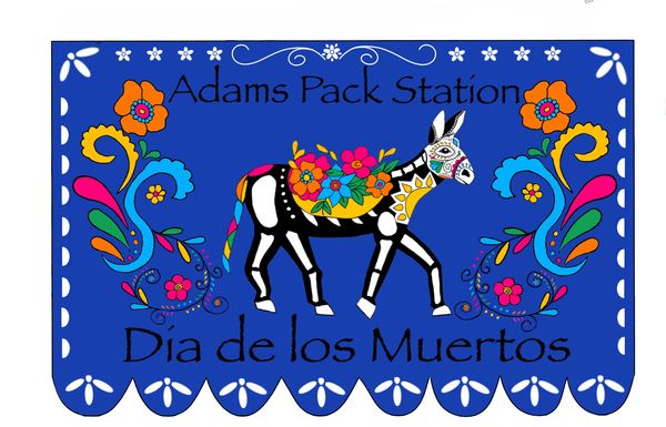 Colorful Dia de los Muertos design with decorated donkey and floral patterns.