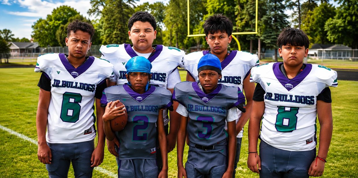 Group of young football players in uniform posing on field.