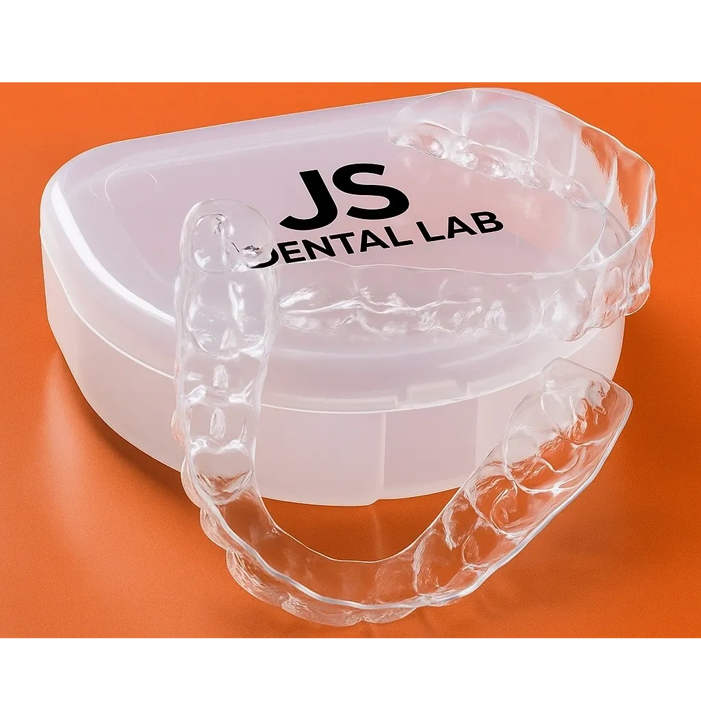 Clear dental aligners displayed with a JS Dental Lab case on an orange background.