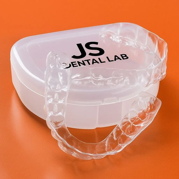 Clear dental aligners on a branded plastic case against an orange background.
