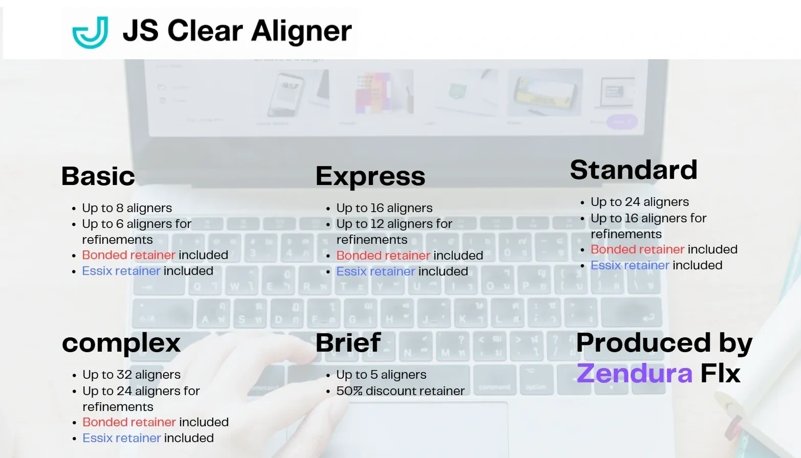 Pricing plans for JS Clear Aligner with various aligner and retainer options.