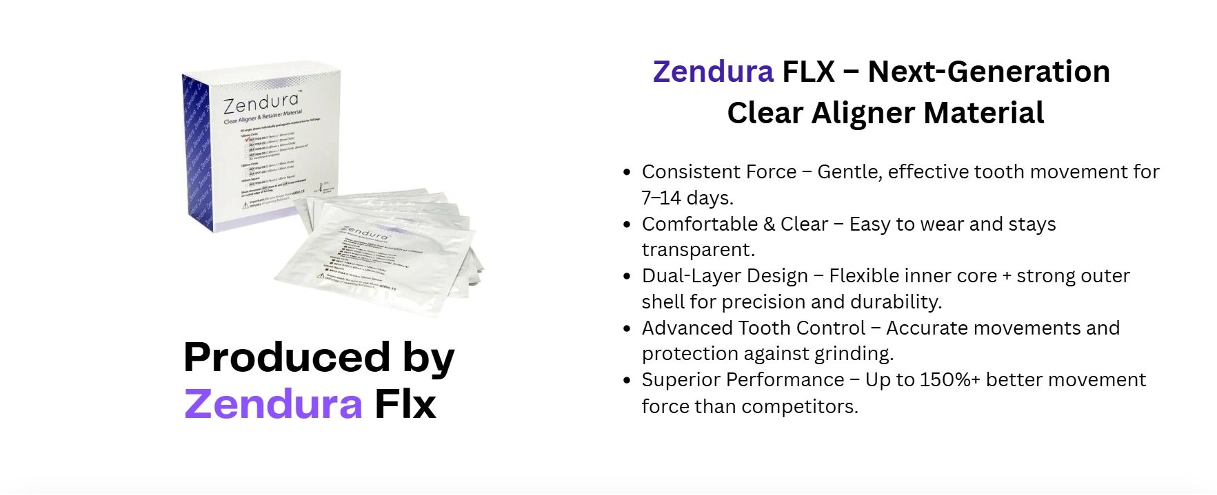 Zendura FLX clear aligner material offers gentle, effective tooth movement with comfort and durability.