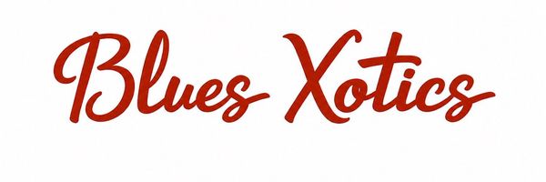 Logo with text 'Blues Xotics' in red cursive.