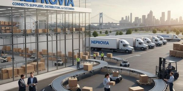 Automated warehouse with robots and trucks under sunset city skyline.