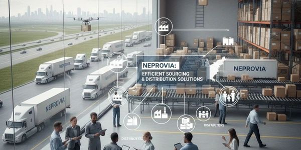 Logistics hub with NEPROVIA trucks and warehouse operations showcasing efficient sourcing and distribution.