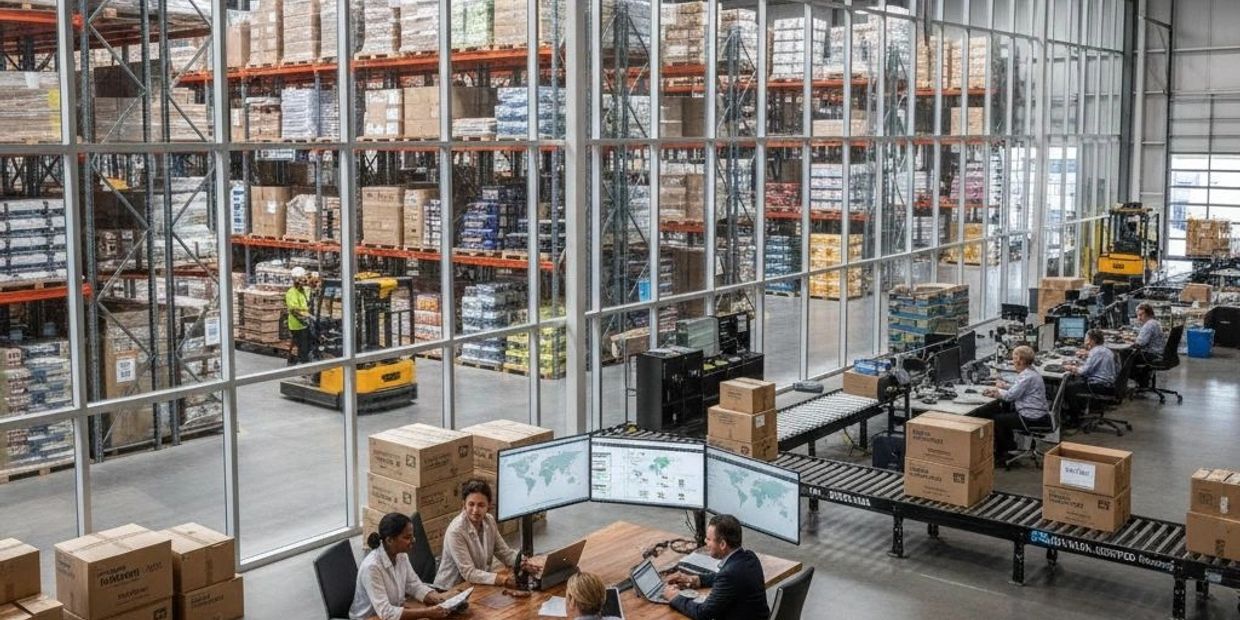 Warehouse with workers managing logistics and inventory using computers.