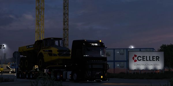 Sokolowski Transport Volvo truck carrying construction machinery at night. ETS2.