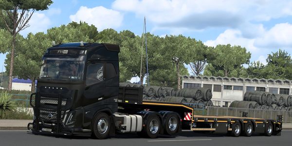 Sokolowski Transport Black Volvo FH16 truck with flatbed trailer on road. ETS2.