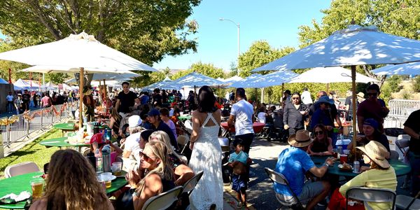 People enjoy a sunny outdoor gathering with food and umbrellas.