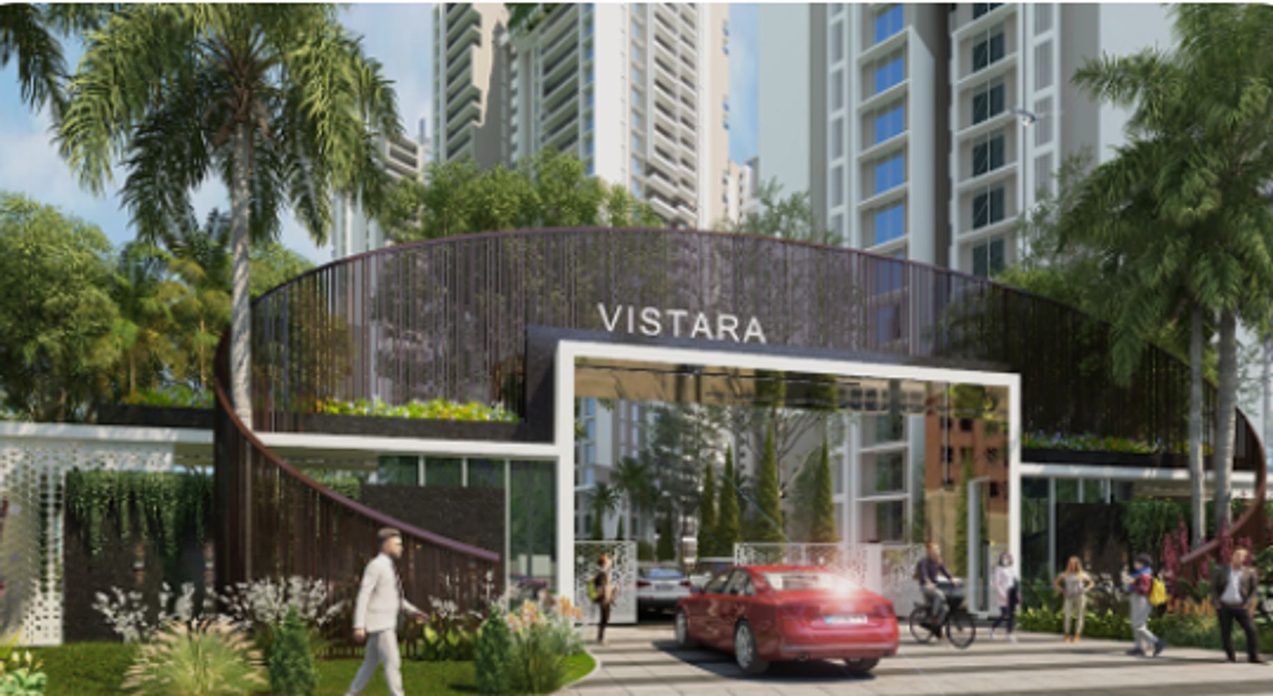 Modern residential entrance with Vistara sign and lush greenery.