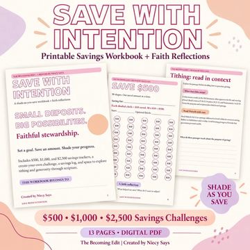 Printable savings workbook titled 'Save With Intention' for financial growth.
