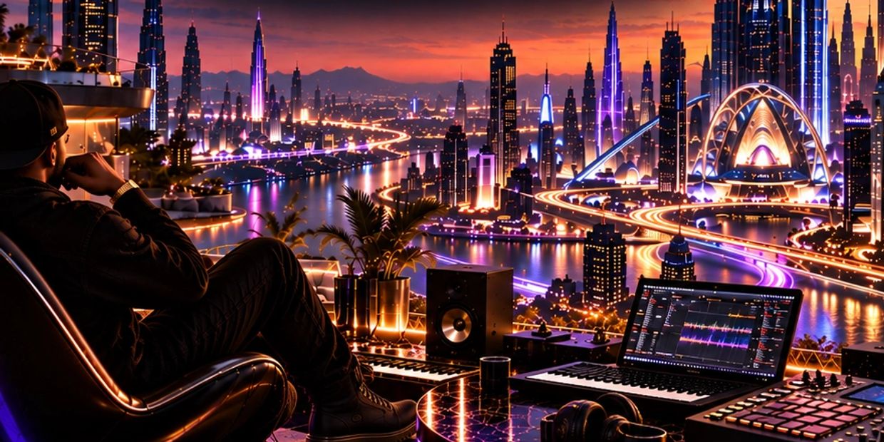 Man overlooking futuristic city with music setup.