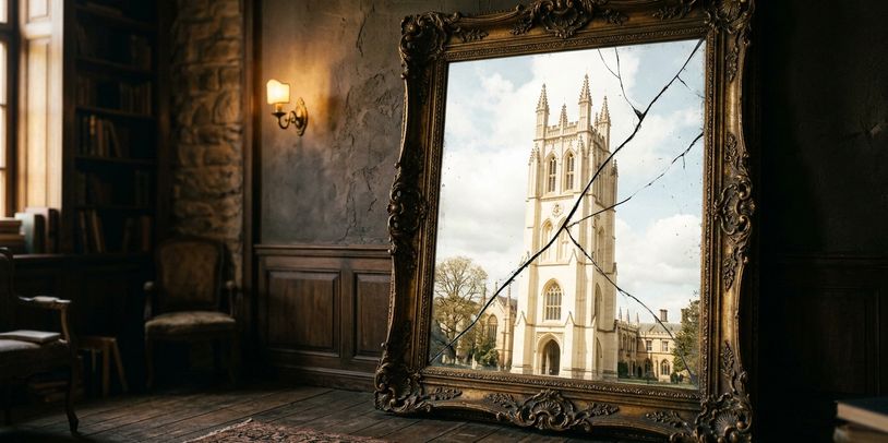 An ornate cracked mirror reflects a tall church tower inside a dimly lit room.