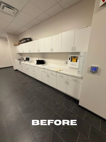 Long white cabinets and countertops in a clean, empty room labeled 'Before'.