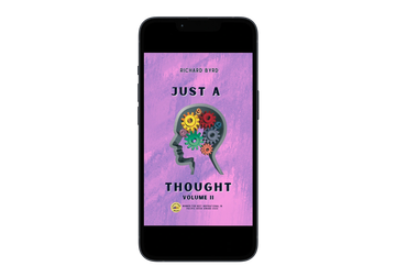 Book cover on phone screen titled Just A Thought Volume II.