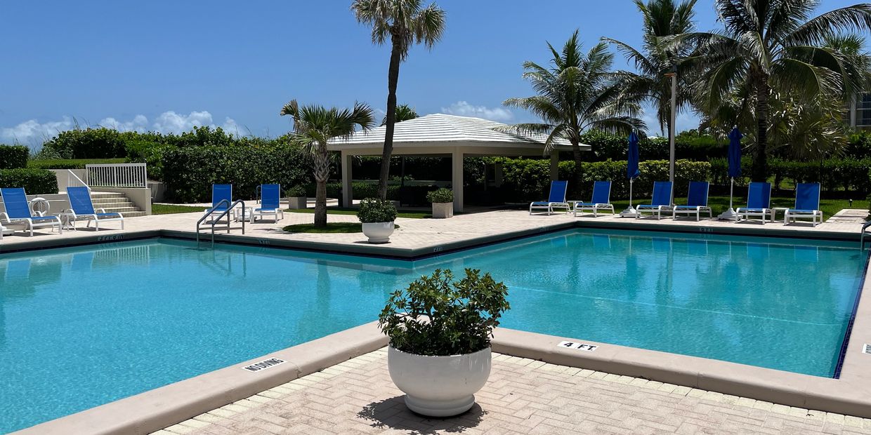 Dorchester, 3250 S Ocean, Palm Beach, view of pool with flowers