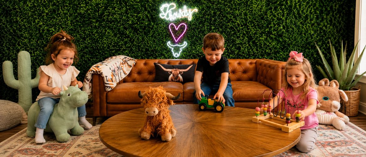 Three kids playing with toys in a cozy living room.