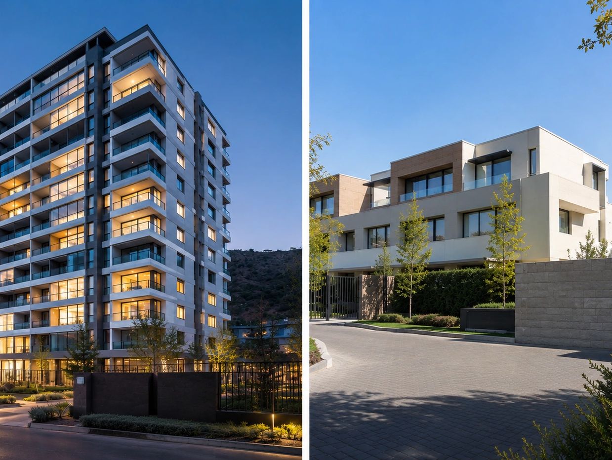 Modern apartment building at dusk and luxury townhouse in daylight.