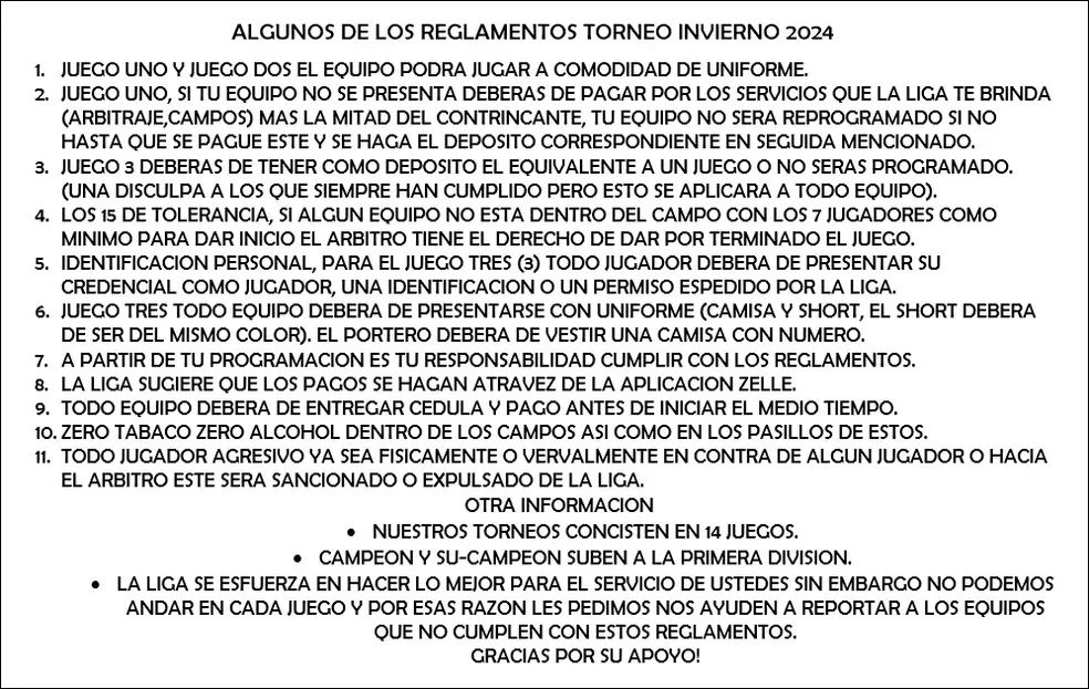 Reglamentos para el Torneo Invierno 2024 con normas sobre uniformes, pagos, identificación y conducta.
