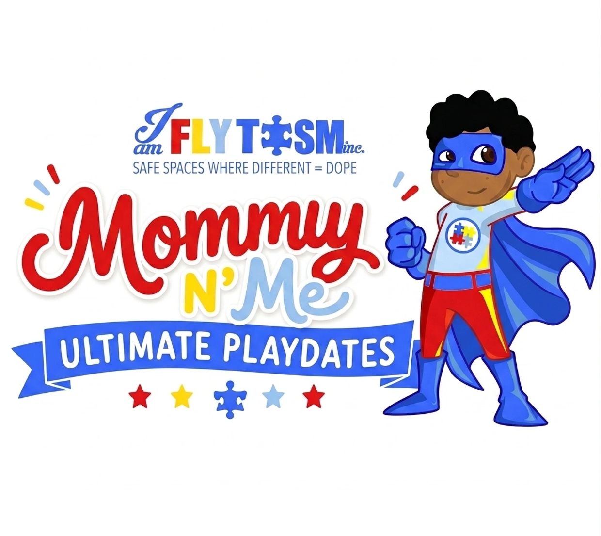 Colorful logo for Mommy N' Me Ultimate Playdates with a superhero child character.