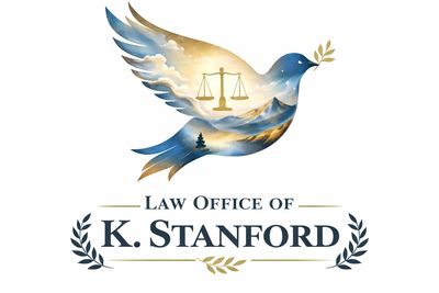 A dove with scales of justice and mountains symbolizes Law Office of K. Stanford.