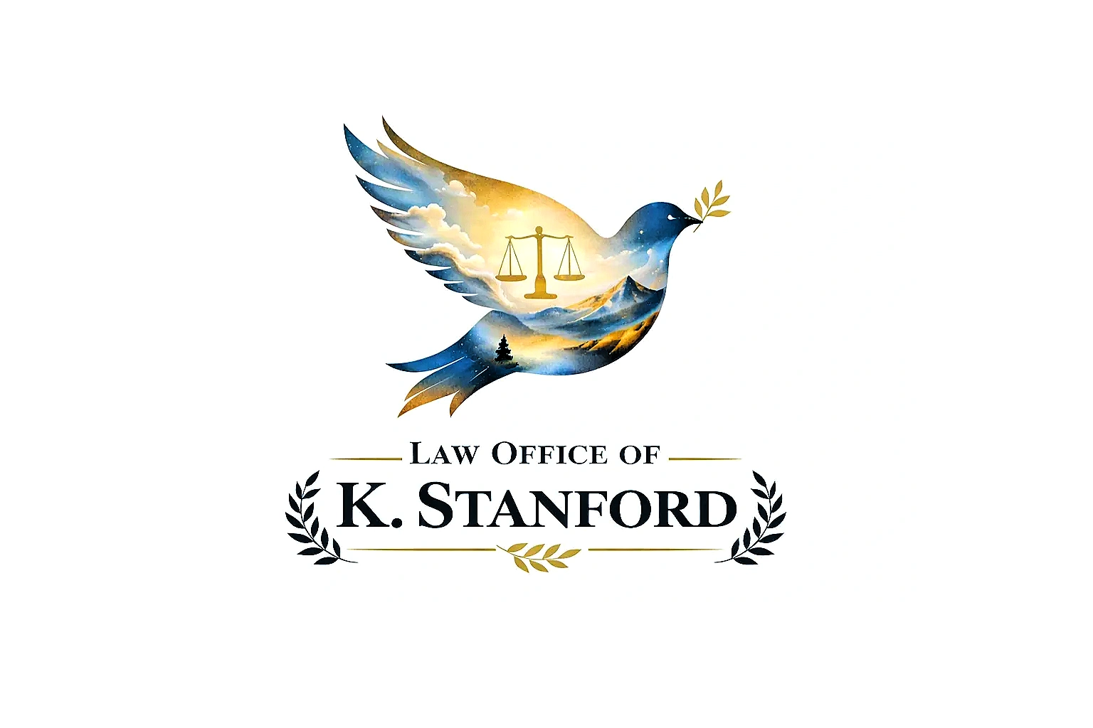Logo of Law Office of K. Stanford featuring a dove with a justice scale inside.