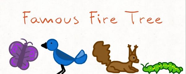 Hand-drawn,  a violet butterfly, blue bird, brown squirrel, and a green caterpillar.