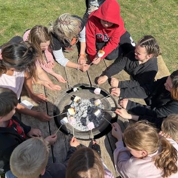 Group of young people toasting marshmallows around a campfire 