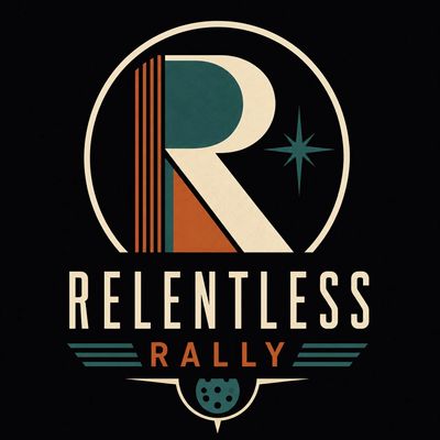 Retro-style logo for Relentless Rally with bold R and star.