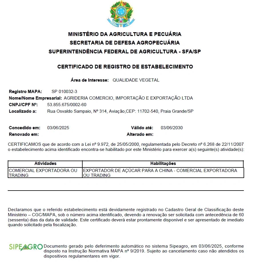 ESTABLISHMENT REGISTRATION CERTIFICATE-WAREHOUSE 