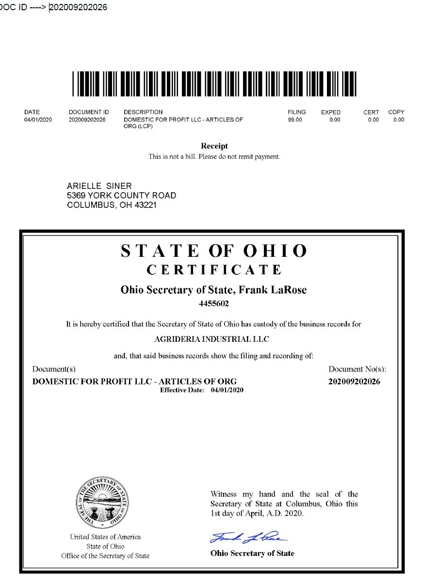 REGISTRATION FROM STATE OF OHIO FOR AGRIDERIA INDUSTRIAL LLC IN THE USA