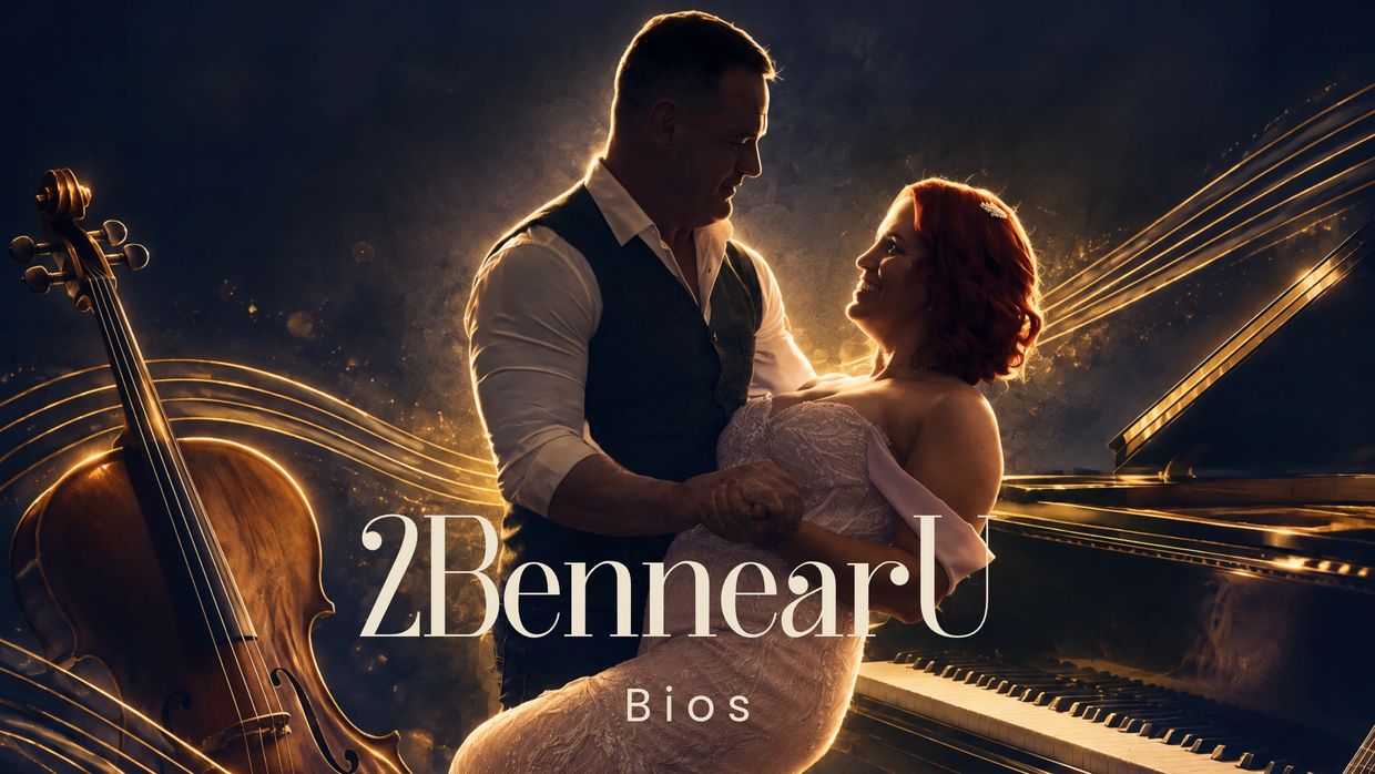 Couple dancing near cello and piano with musical notes.