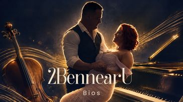 Couple embracing with musical instruments in the background.