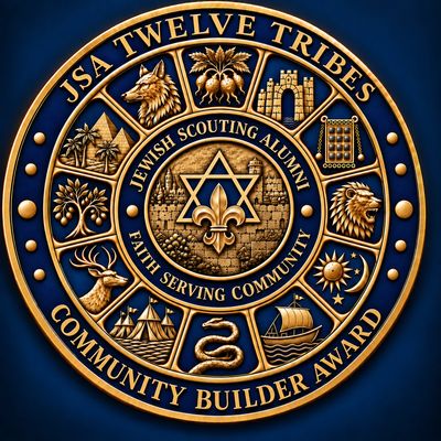 JSA Twelve Tribes Community Builder Award emblem with Jewish and scouting symbols.