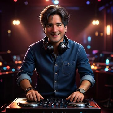 Smiling DJ mixing music at a club with headphones around neck.