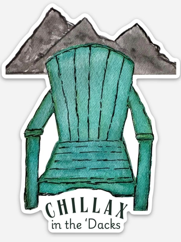 Watercolor Adirondack chair with mountain background and text "Chillax in the 'Dacks".