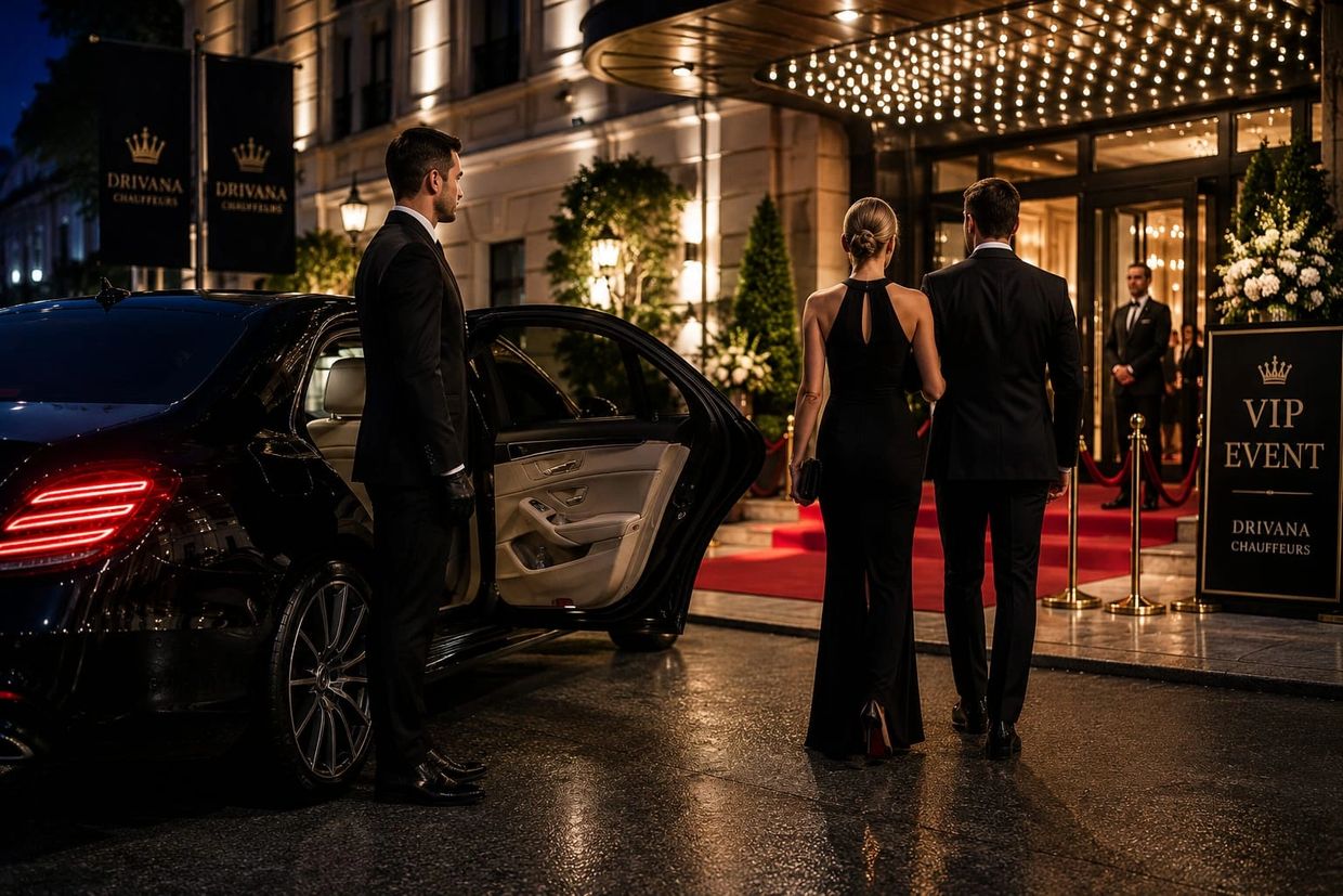 Executive chauffeur service arriving at a VIP event venue in London.