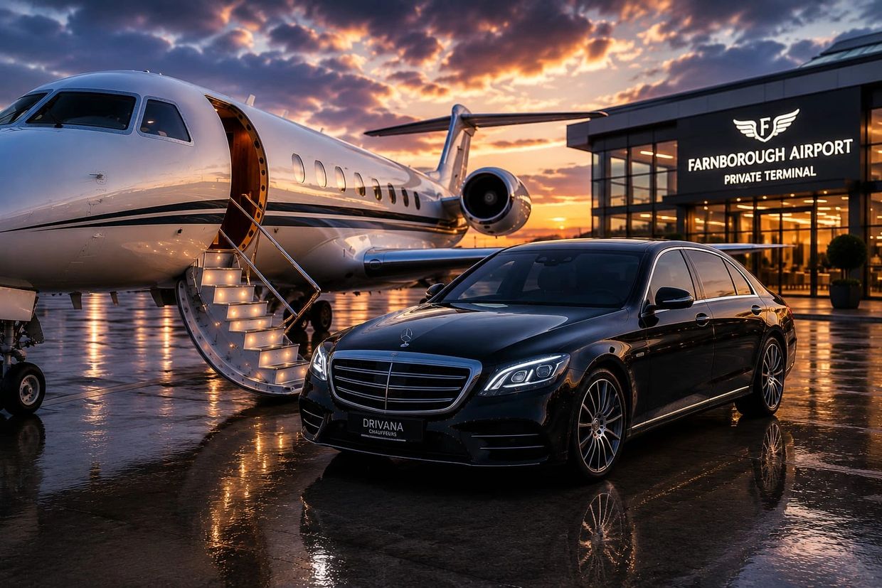 Executive chauffeur service beside a private jet at Farnborough Airport private terminal.