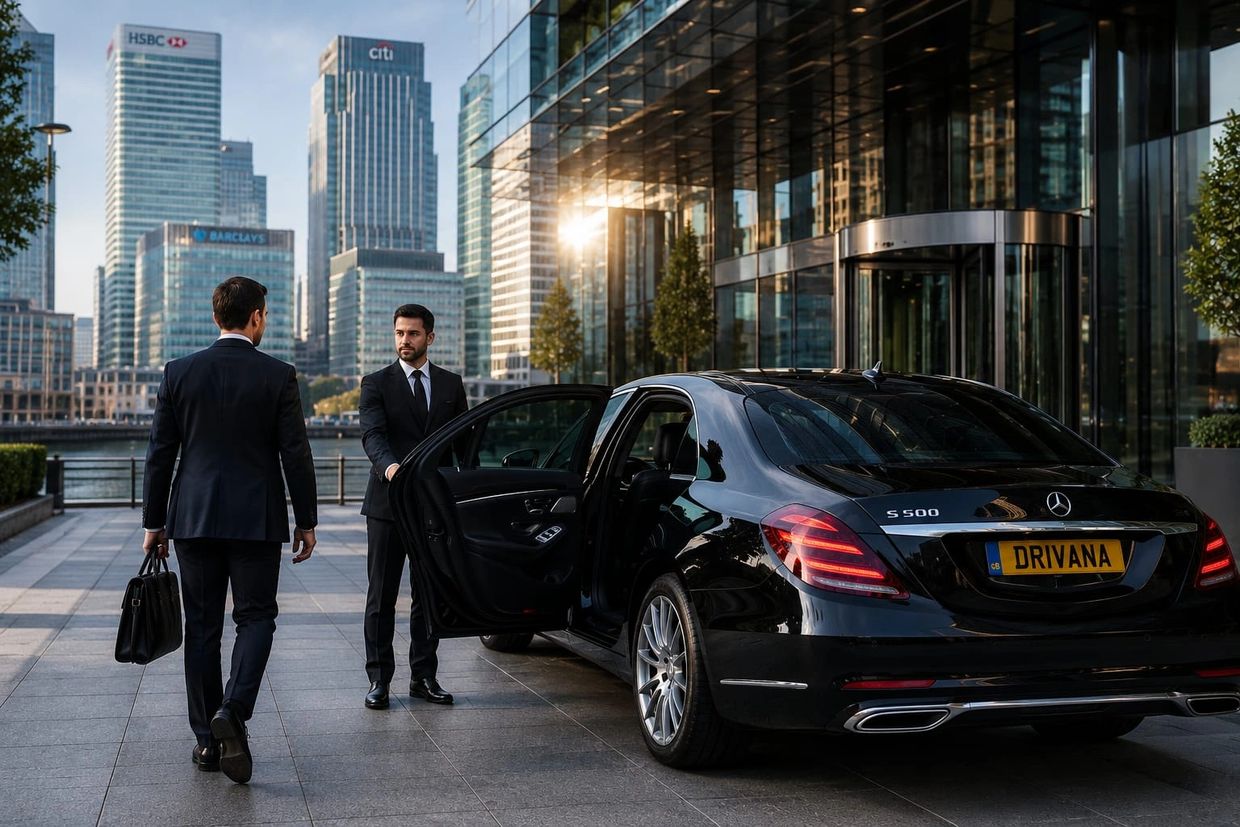 Chauffeur opening a luxury Mercedes-Benz for a business client in London's financial district.