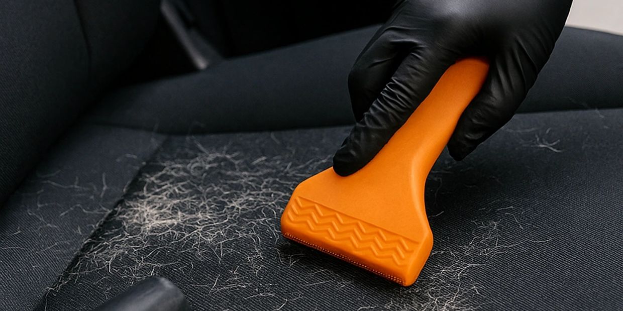 Hand using an orange tool to remove pet hair from a car seat.