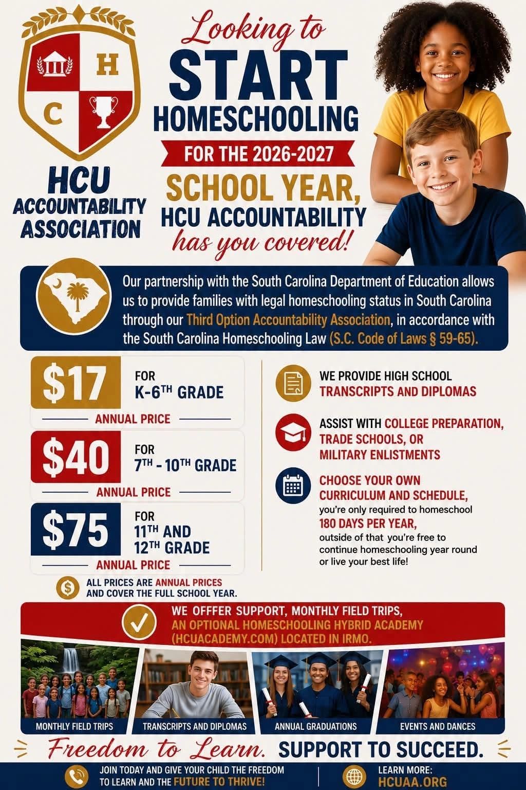 HCU Accountability Association offers legal homeschooling with support and affordable pricing.