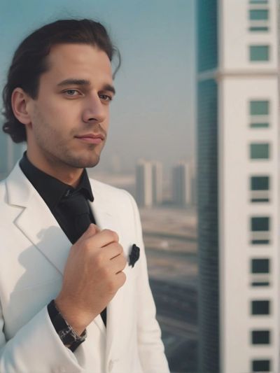 Man in a white suit adjusting his tie with a cityscape background.