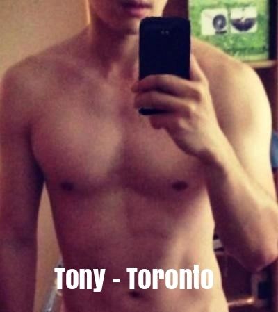 Shirtless man taking a selfie with phone, text reads 'Tony - Toronto'.