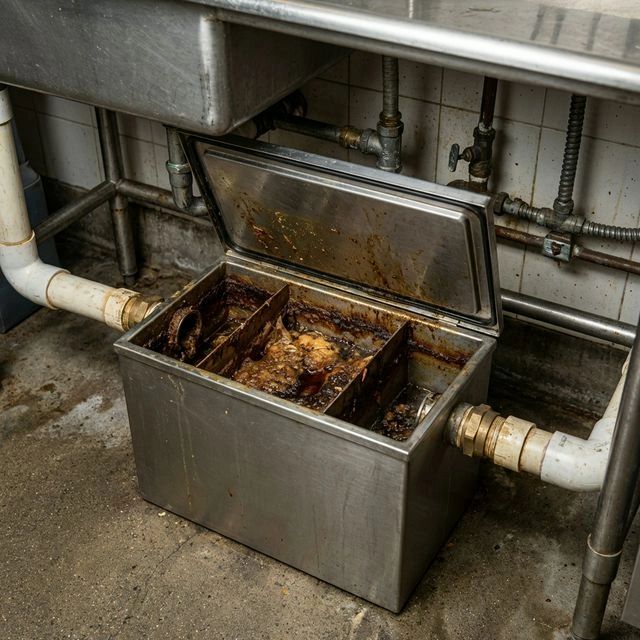 Interior view of grease trap showing FOG accumulation