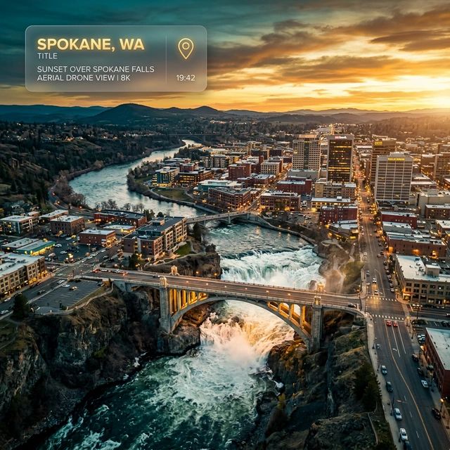 Aerial drone view of downtown Spokane Washington