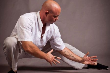 Sifu Adam Mizner performing Snake Creeps down, in low stance. Taijiquan.