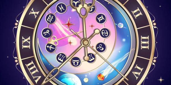 A mystical clock featuring zodiac signs and celestial elements.
