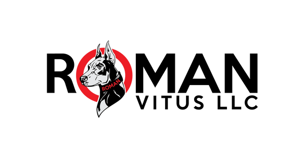 Logo of Roman Security with a Doberman dog and red circle.