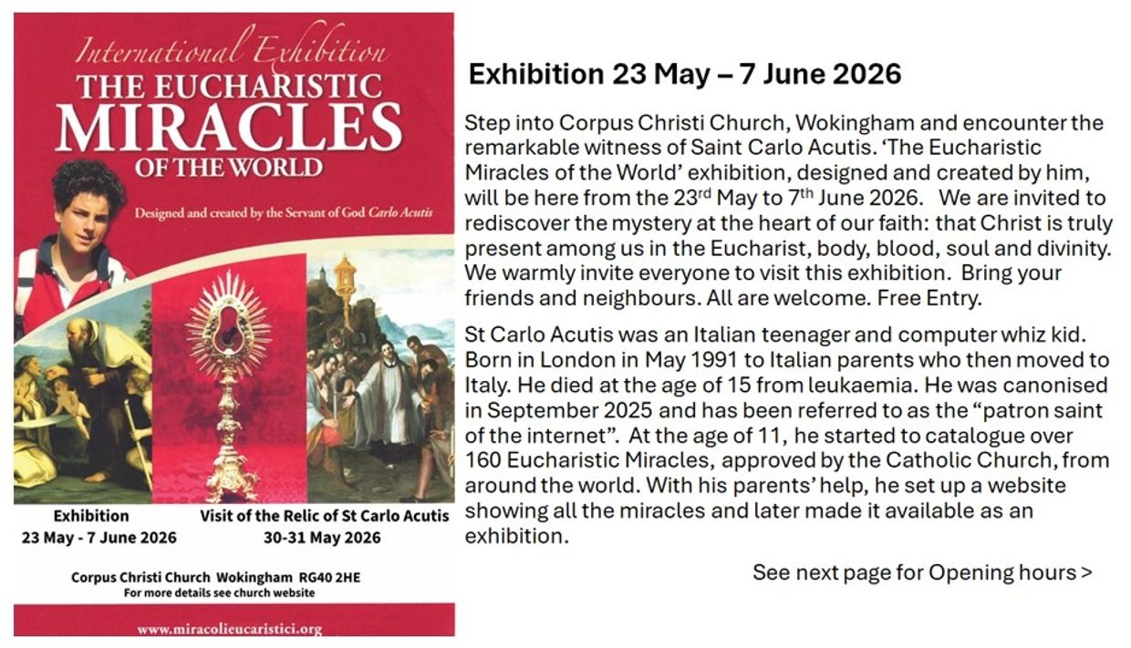 Poster for The Eucharistic Miracles of the World exhibition at Corpus Christi Church, Wokingham, May-June 2026.
