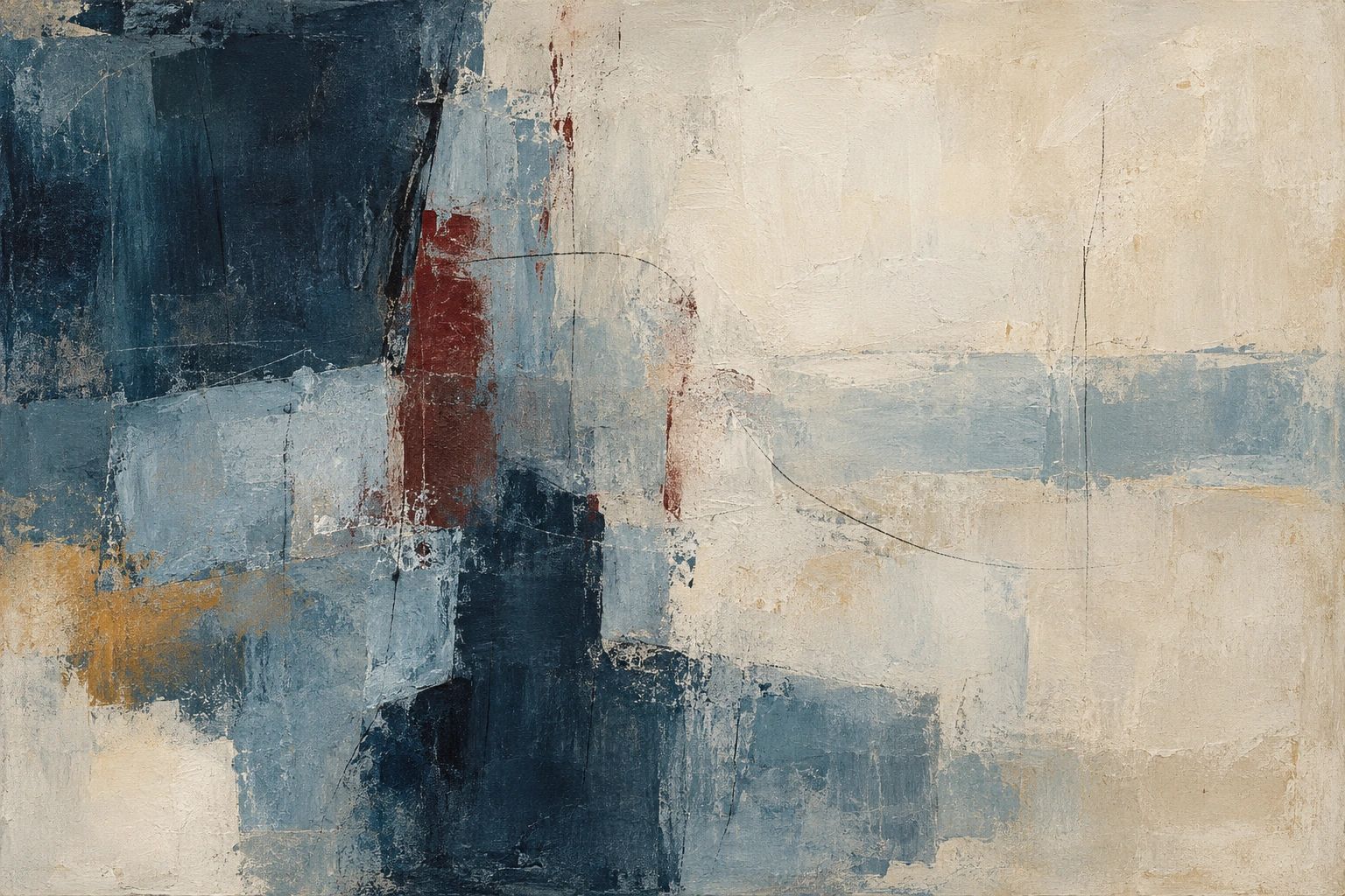 Abstract painting in muted blue, ivory, burgundy and ochre with layered, textured brushwork.